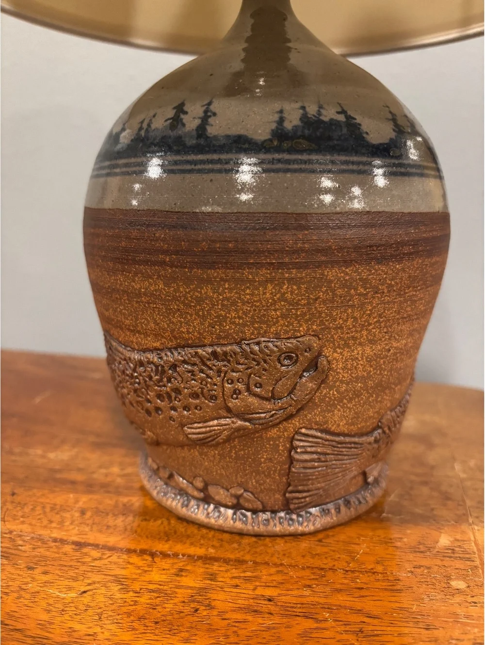 Vintage Gricus Pottery Trout Table Lamp, Handmade Studio Stoneware. Maine Made